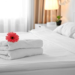 Flower on stack of towels in light hotel room